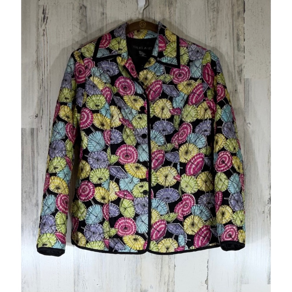 Silkland Quilted Silk Button Up Jacket Size S Multicolor Parasol Umbrella Print
